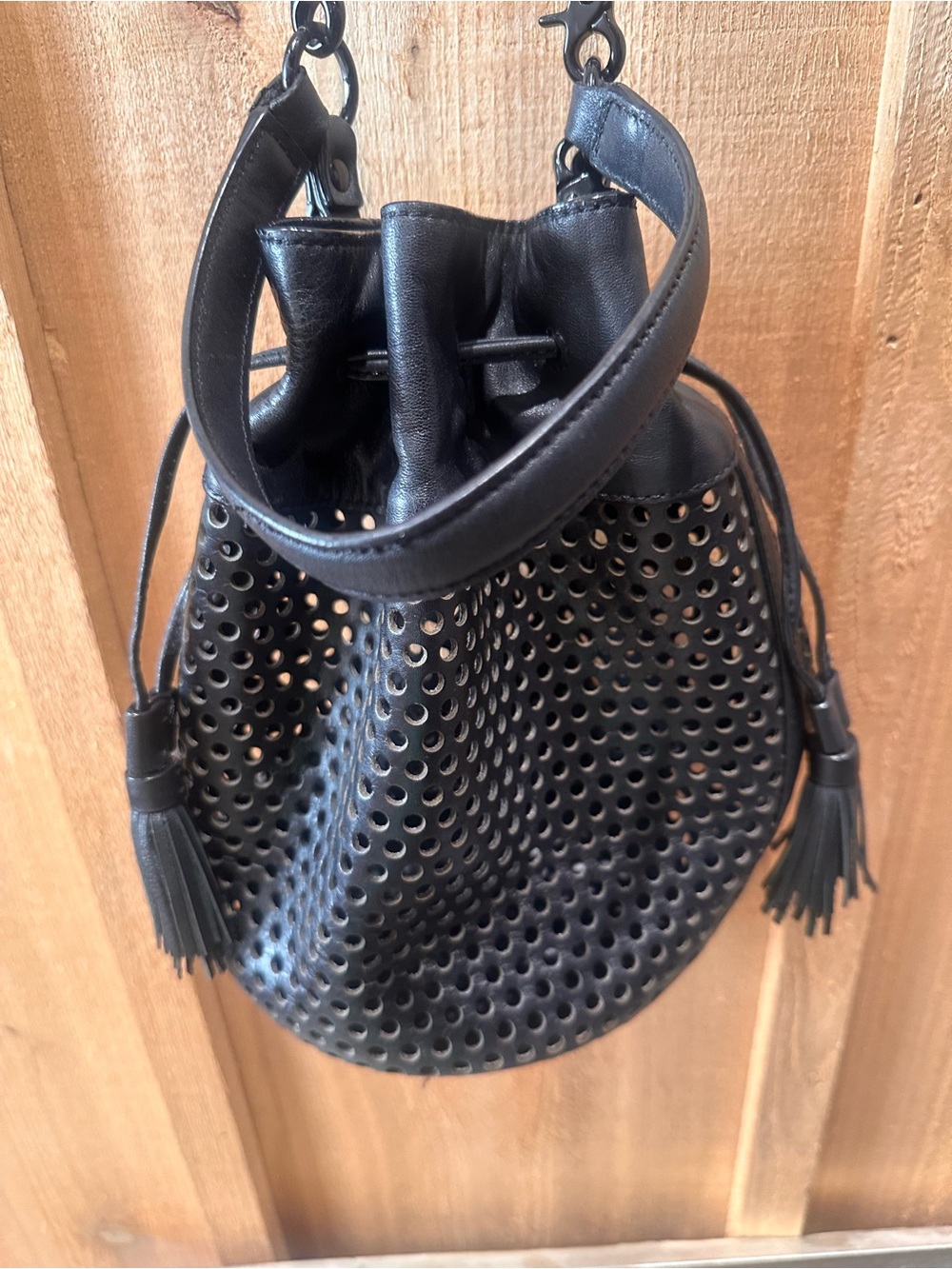 Loeffler Randall Industry Black Leather Perforated Drawstring Bucket Bag - Picture 8 of 12